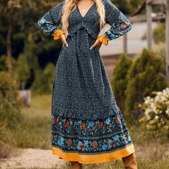 Boho blue Ditsy Floral Flounce long Sleeve Split Thigh Maxi Cottagecore Dress - Picture 6 of 6
